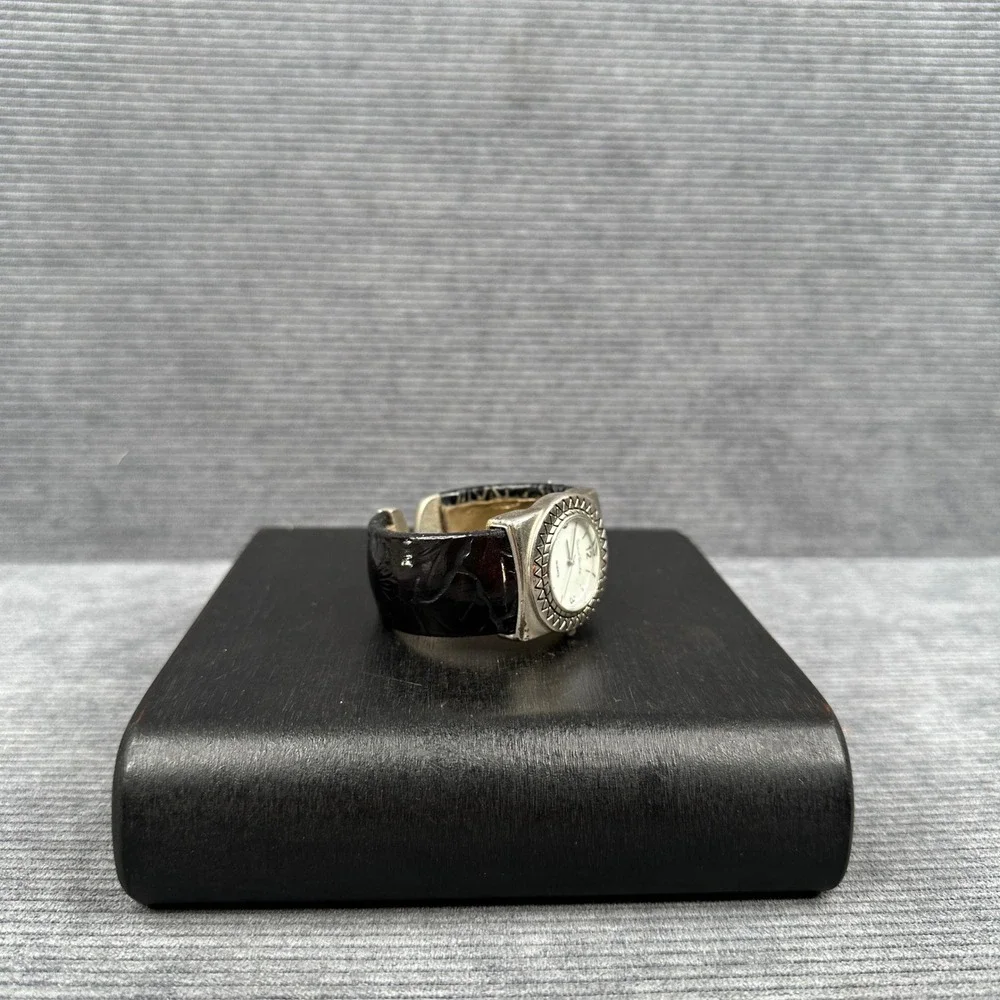 Sarah Coventry Black Embossed Cuff Watch Silver Tone Square 25548 Japan Movt vtg